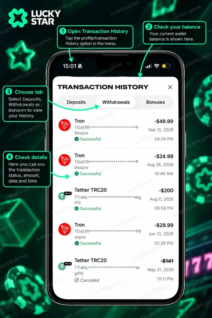 Lucky Star Casino withdrawal history showing successful Tron and USDT TRC20 transactions
